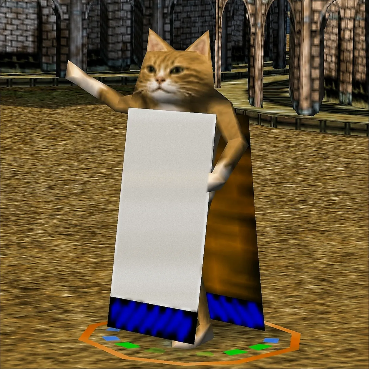 A low poly cat standing in a courtyard holding a sandwich board that reads: The Cat is near.